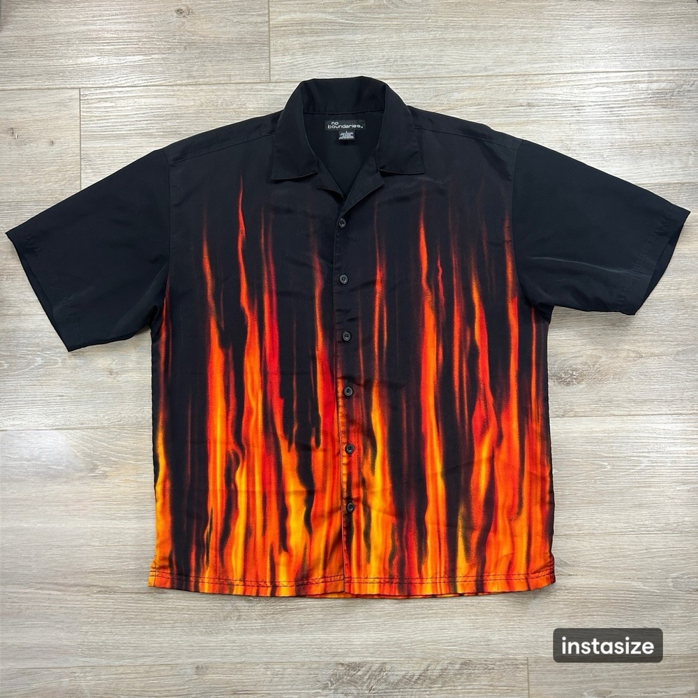 Vintage No Boundaries Large Y2K Red Flame Button Up Bowling Shirt Grunge Skate